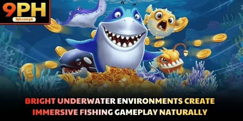 Bright underwater environments create immersive fishing gameplay naturally